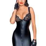 Powerwetlook mini-dress with lace chest and 2-way zipper - S