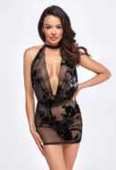 Mythos mini flocked mesh dress with jewelry rhinestone chain - S
