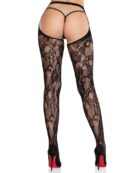 Rose Lace Crotchless Tights with Open Back - Black O/S