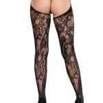 Rose Lace Crotchless Tights with Open Back - Black O/S
