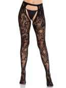 Rose Lace Crotchless Tights with Open Back - Black O/S – Bild 2